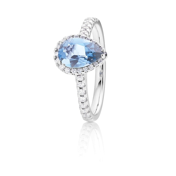 Ring "Jennifer Espressivo" 750WG , Topas skyblue facettiert 9x6 mm ca. 1.45ct, 39 Diamanten Brillant-Schliff 0.26ct TW/si1