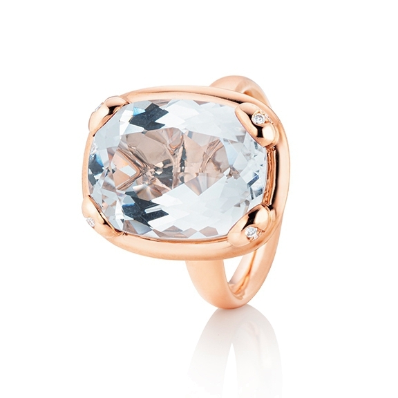 Ring "Capriccio" 750RG, Bergkristall antik facettiert 16 x12 mm ca. 8.80ct, 8 Diamanten Brillant-Schliff 0.04ct TW/vs1