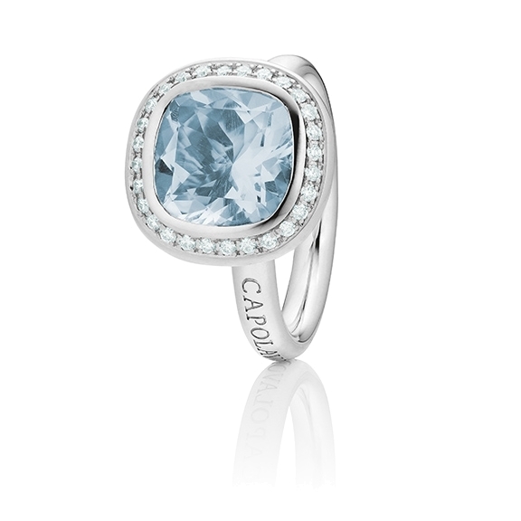 Ring "Twinkle Ballon" 750WG, Topas sky blue facettiert Ø 10.0 x 10.0 mm ca. 4.58ct, 28 Diamanten Brillant-Schliff 0.17ct TW/vs1, 16 Saphir blau ca.0.70ct