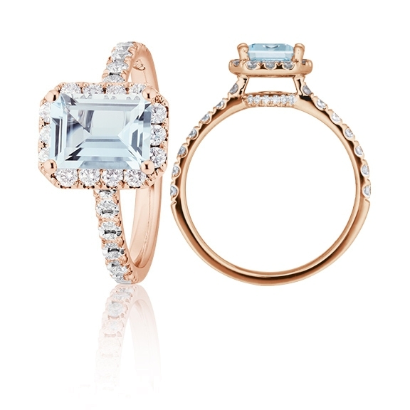 Ring "Shades of Love" 750RG, 1 Aquamarin Emerald cut 8x6 mm ca. 1.15ct, 40 Diamanten Brillant-Schliff 0.58ct TW/vs1, 1 Diamant Brillant-Schliff 0.005ct TW/vs1