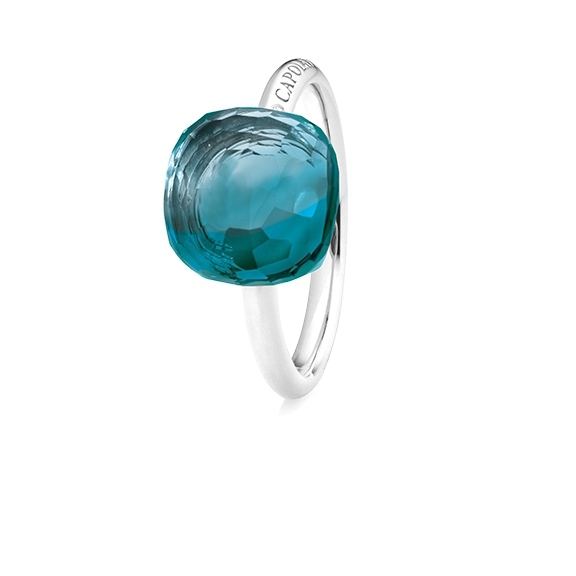Ring "Happy Holi" 750WG, Topas London blue Cabochon  11.0 x 11.0 mm facettiert ca. 10.00ct, 1 Diamant Brillant-Schliff 0.004ct TW/vs1