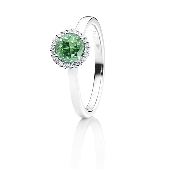 Ring "Espressivo" 750WG, Turmalin grün hell facettiert Ø 6.0 mm ca. 0.69ct, 22 Diamanten Brillant-Schliff 0.06ct TW/si1
