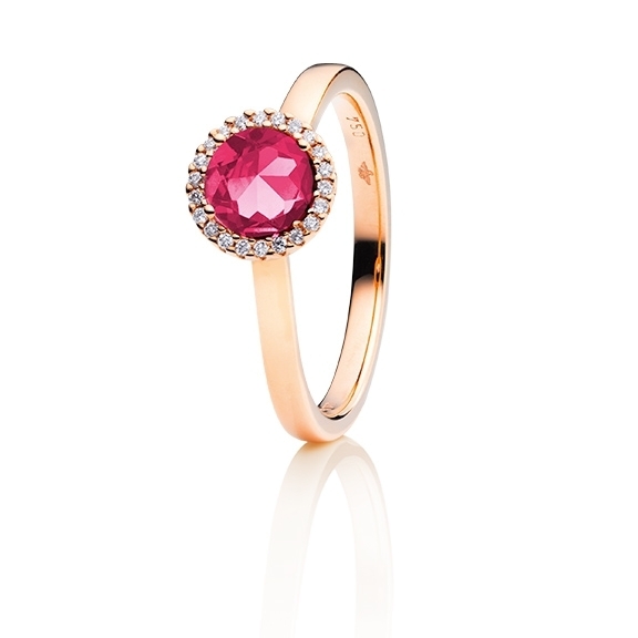 Ring "Espressivo" 750GG, Turmalin pink dunkel facettiert Ø 6.0 mm ca. 0.84ct, 22 Diamanten Brillant-Schliff 0.06ct TW/si1