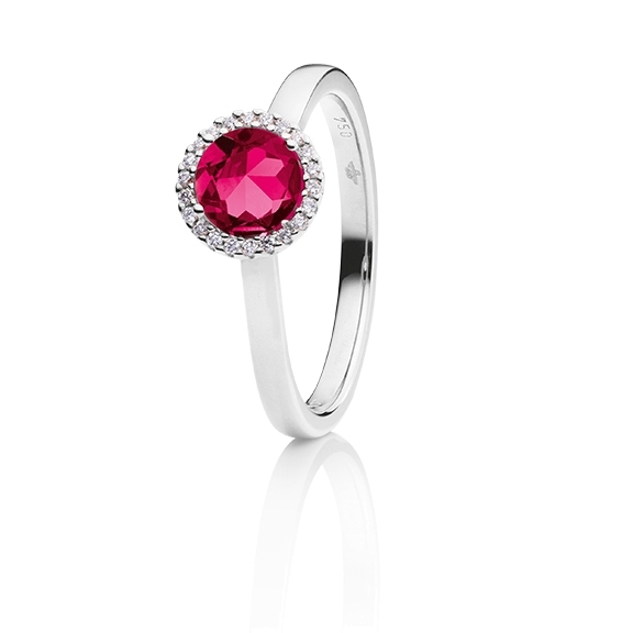 Ring "Espressivo" 750WG, Rhodolith facettiert Ø 6.0 mm ca. 1.02ct, 22 Diamanten Brillant-Schliff 0.06ct TW/si1