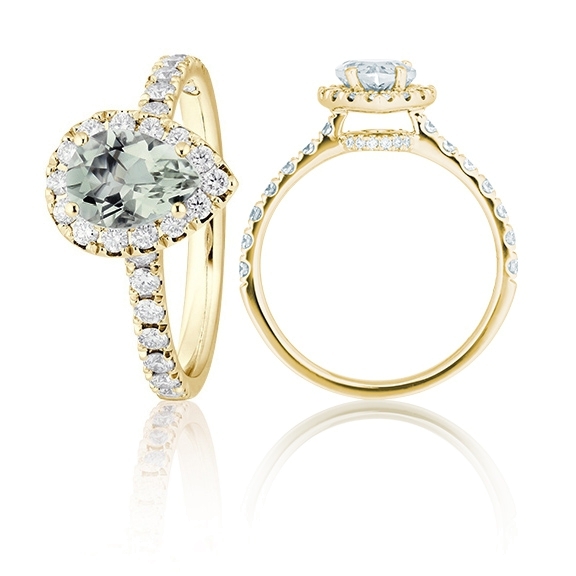 Ring "Shades of Love" 750GG, 1 Prasiolith Pear cut 8x6 mm ca. 0.99ct, 40 Diamanten Brillant-Schliff 0.52ct TW/vs1, 1 Diamant Brillant-Schliff 0.005ct TW/vs1