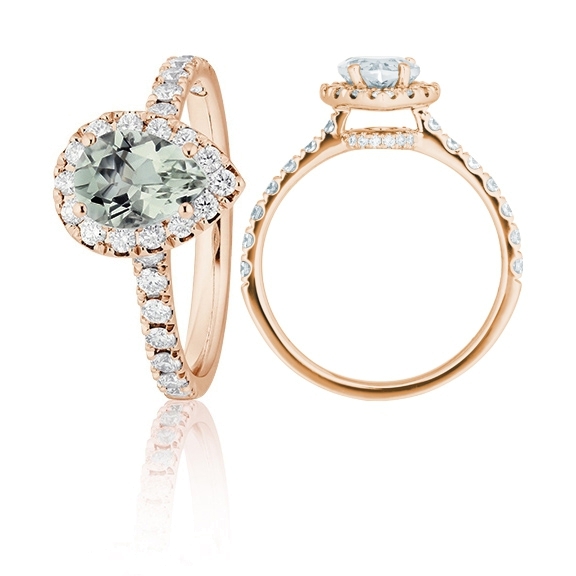 Ring "Shades of Love" 750RG, 1 Prasiolith Pear cut 8x6 mm ca. 0.99ct, 40 Diamanten Brillant-Schliff 0.52ct TW/vs1, 1 Diamant Brillant-Schliff 0.005ct TW/vs1