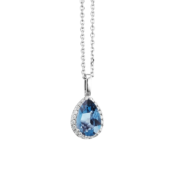 Collier "Jennifer Espressivo" 750WG Topas London blue Tropfen fac. 9x6 mm ca. 1.50ct, 19 Diamanten Brillant-Schliff 0.09ct TW/si, Länge 45.0 cm Zwischenöse bei 42.0 cm