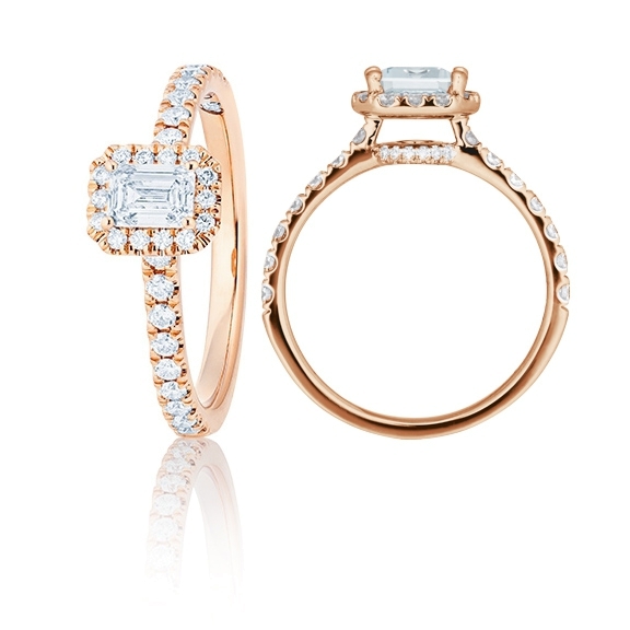 Ring "Shades of Love" 750RG, 1 Emerald Cut 0.30ct G/si1 GIA Zertifikat, 40 Diamanten Brillant-Schliff 0.30ct TW/vs1, 1 Diamant Brillant-Schliff 0.005ct TW/vs1