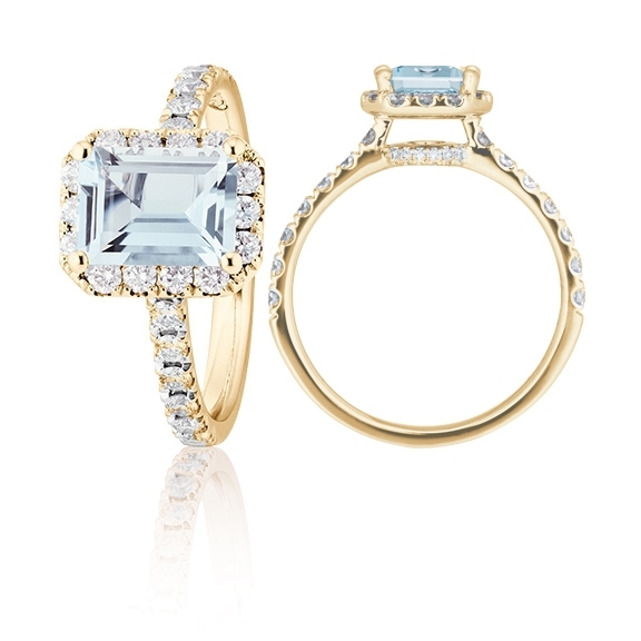 Ring "Shades of Love" 750GG, 1 Aquamarin Emerald cut 8x6 mm ca. 1.15ct, 40 Diamanten Brillant-Schliff 0.58ct TW/vs1, 1 Diamant Brillant-Schliff 0.005ct TW/vs1