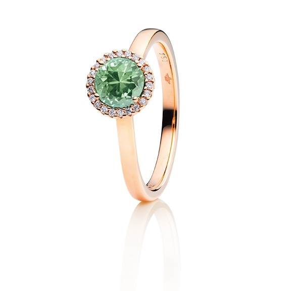 Ring "Espressivo" 750RG, Turmalin grün hell facettiert Ø 6.0 mm ca. 0.69ct, 22 Diamanten Brillant-Schliff 0.06ct TW/si1