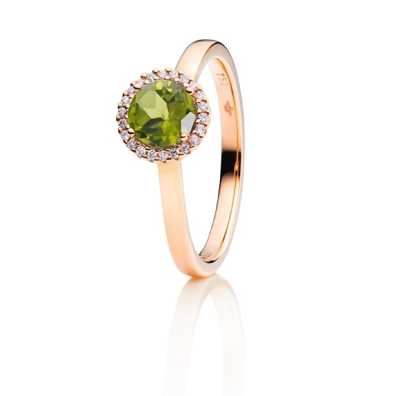 Ring "Espressivo" 750RG, Peridot facettiert Ø 6.0 mm 0.92ct, 22 Diamanten Brillant-Schliff 0.06ct TW/si1