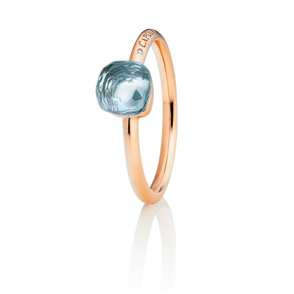 Ring "Happy Holi" 750RG, Topas sky blue Cabochon  6.0 x 6.0 mm facettiert ca. 1.80ct, 1 Diamant Brillant-Schliff 0.004ct TW/vs1
