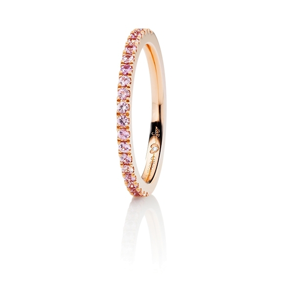 Memoirering "Diamante in Amore" 750RG, 21 Saphir pink pastel light facettiert ca. 0.30ct, 1 Diamant Brillant-Schliff 0.005ct TW/vs1