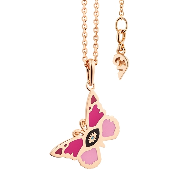 Collier "Magic Butterfly" 750RG Emaille - Lack pink, 1 Diamant Brillant-Schliff 0.005ct ocean blue beh.