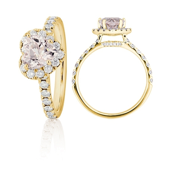 Ring "Shades of Love" 750GG, 1 Herz Morganit facettiert 7x7 mm ca. 0.95ct, 39 Diamanten Brillant-Schliff 0.55ct TW/vs1, 1 Diamant Brillant-Schliff 0.005ct TW/vs1