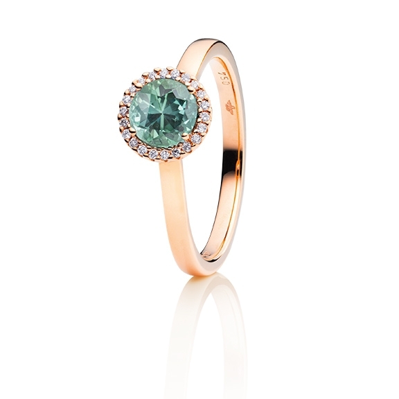 Ring "Espressivo" 750RG, Turmalin Tanne facettiert Ø 6.0 mm ca. 0.82ct, 22 Diamanten Brillant-Schliff 0.06ct TW/si1