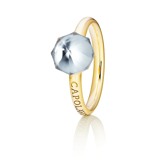 Ring "My Sunshine" 750GG, Bergkristall Cabochon facettiert  8.90 x 8.90mm ca. 2.50ct, 1 Diamant Brillant-Schliff 0.004ct TW/vs1