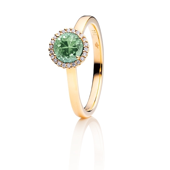 Ring "Espressivo" 750GG, Turmalin grün hell facettiert Ø 6.0 mm ca. 0.69ct, 22 Diamanten Brillant-Schliff 0.06ct TW/si1