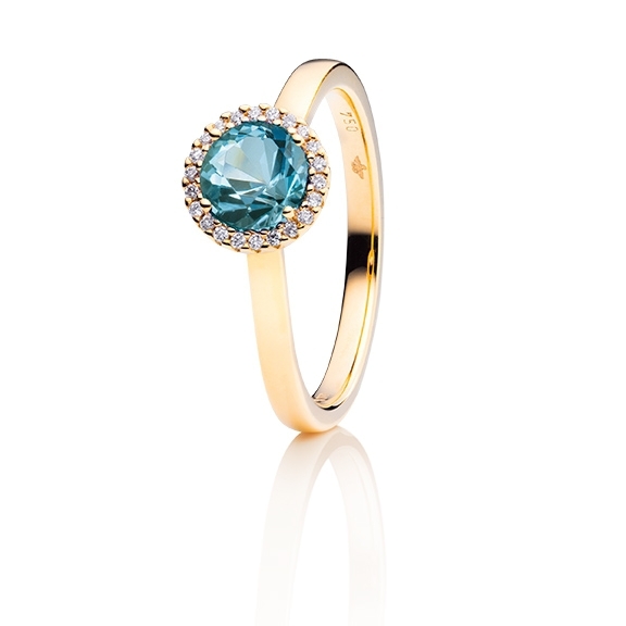 Ring "Espressivo" 750GG, Aquamarin dunkel facettiert Ø 6.0 mm ca. 0.84ct, 22 Diamanten Brillant-Schliff 0.06ct TW/si1