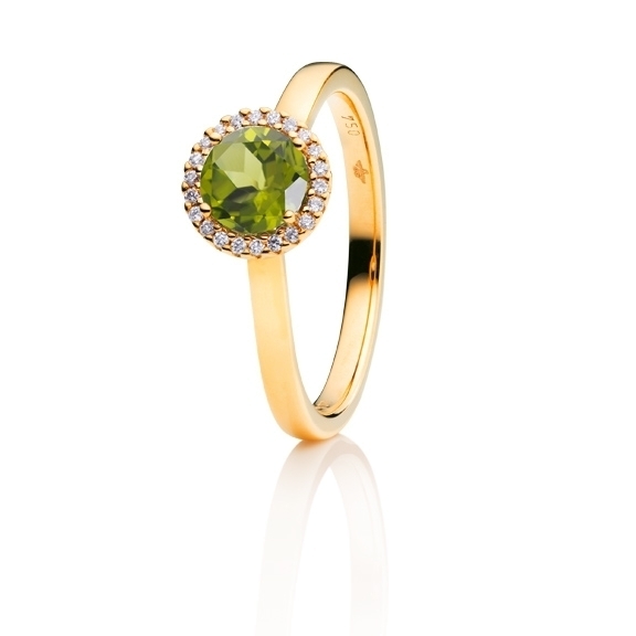 Ring "Espressivo" 750GG, Peridot facettiert Ø 6.0 mm, 22 Diamanten Brillant-Schliff 0.06ct TW/si1