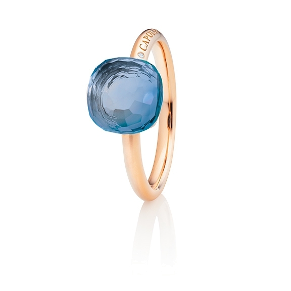 Ring "Happy Holi" 750RG, Topas swiss blue Cabochon  9.0 x 9.0 mm facettiert ca. 5.30ct, 1 Diamant Brillant-Schliff 0.004ct TW/vs1