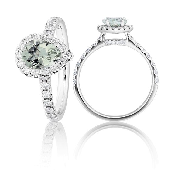 Ring "Shades of Love" 750WG, 1 Prasiolith Pear cut 8x6 mm ca. 0.99ct, 40 Diamanten Brillant-Schliff 0.52ct TW/vs1, 1 Diamant Brillant-Schliff 0.005ct TW/vs1