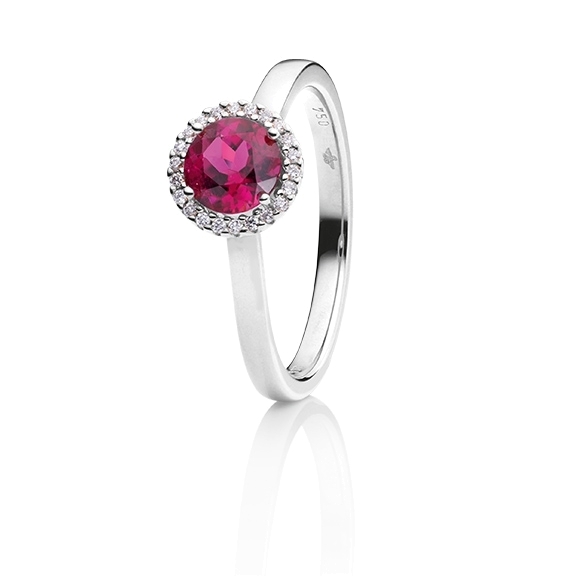 Ring "Espressivo" 750WG, Rubelith facettiert Ø 6.0 mm ca. 0.79ct, 22 Diamanten Brillant-Schliff 0.06ct TW/si1
