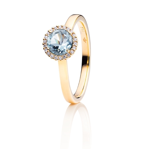 Ring "Espressivo" 750GG, Aquamarin hell facettiert Ø 6.0 mm ca. 0.73ct, 22 Diamanten Brillant-Schliff 0.06ct TW/si1