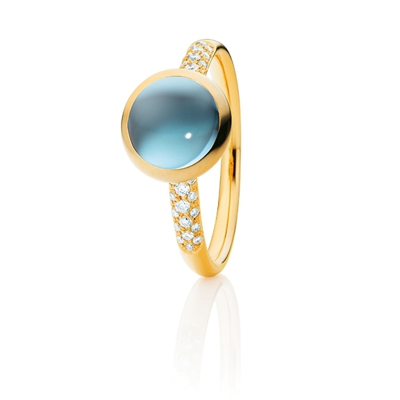 Ring "Velluto" 750GG, Topas sky blue Cabochon Ø 8.0 mm, ca. 3.00ct, Pavé 30 Diamanten Brillant-Schliff 0.12ct TW/vs