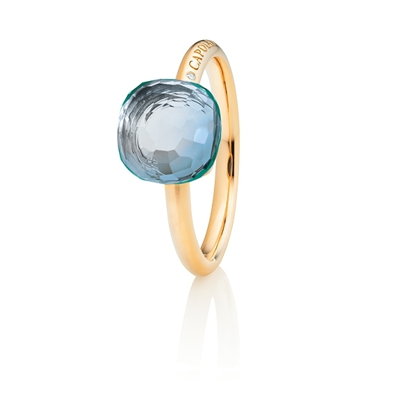 Ring "Happy Holi" 750GG, Topas sky blue Cabochon  9.0 x 9.0 mm facettiert ca. 5.30ct, 1 Diamant Brillant-Schliff 0.004ct TW/vs1