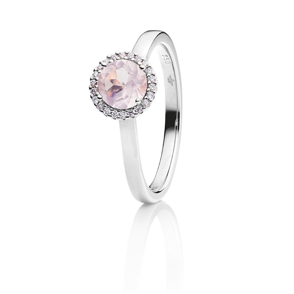 Ring "Espressivo" 750WG, Rosenquarz facettiert Ø 6.0 mm ca. 0.70ct, 22 Diamanten Brillant-Schliff 0.06ct TW/si1