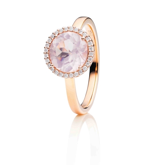 Ring "Espressivo" 750RG, Rosenquarz milky facettiert Ø 9.0 mm, 28 Diamanten Brillant-Schliff 0.10ct TW/si
