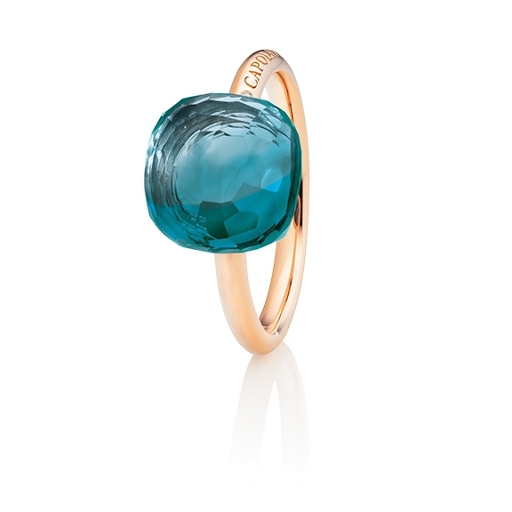 Ring "Happy Holi" 750RG, Topas London blue Cabochon  11.0 x 11.0 mm facettiert ca. 10.00ct, 1 Diamant Brillant-Schliff 0.004ct TW/vs1