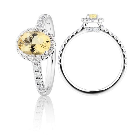 Ring "Shades of Love" 750WG, 1 Citrin gold oval facettiert 8x6 mm ca. 1.00ct, 40 Diamanten Brillant-Schliff 0.49ct TW/vs1, 1 Diamant Brillant-Schliff 0.005ct TW/vs1