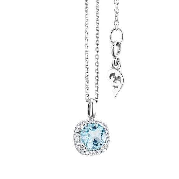 Collier "Espressivo" 750WG, Topas sky blue antik 6.0 x 6.0 mm ca. 1.20ct, 24 Diamanten Brillant-Schliff 0.07ct TW/si, Länge 45.0 cm Zwischenöse bei 42.0 cm